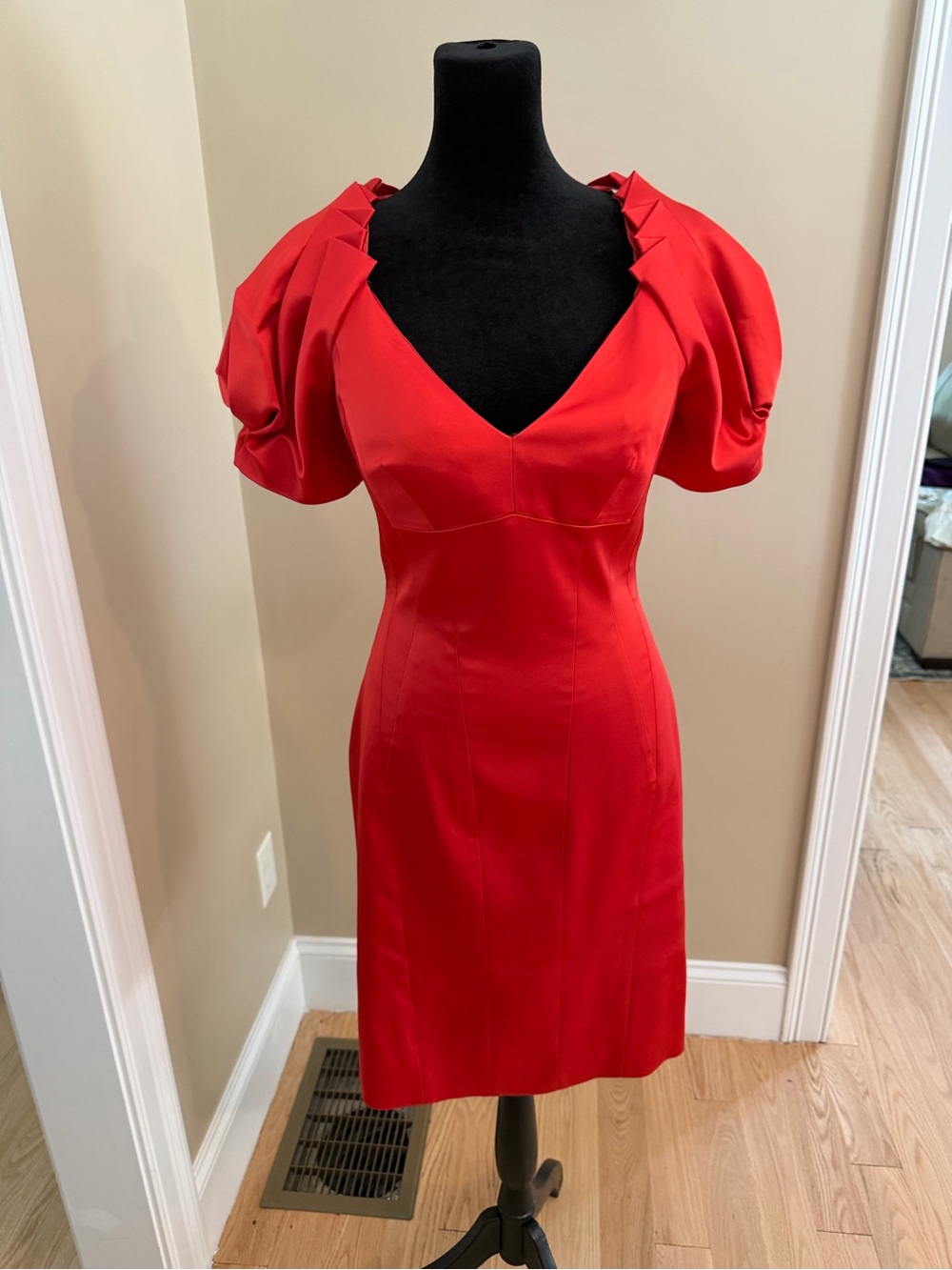 Karen Millen Red V-Neck Sculpture Sleeve Dress